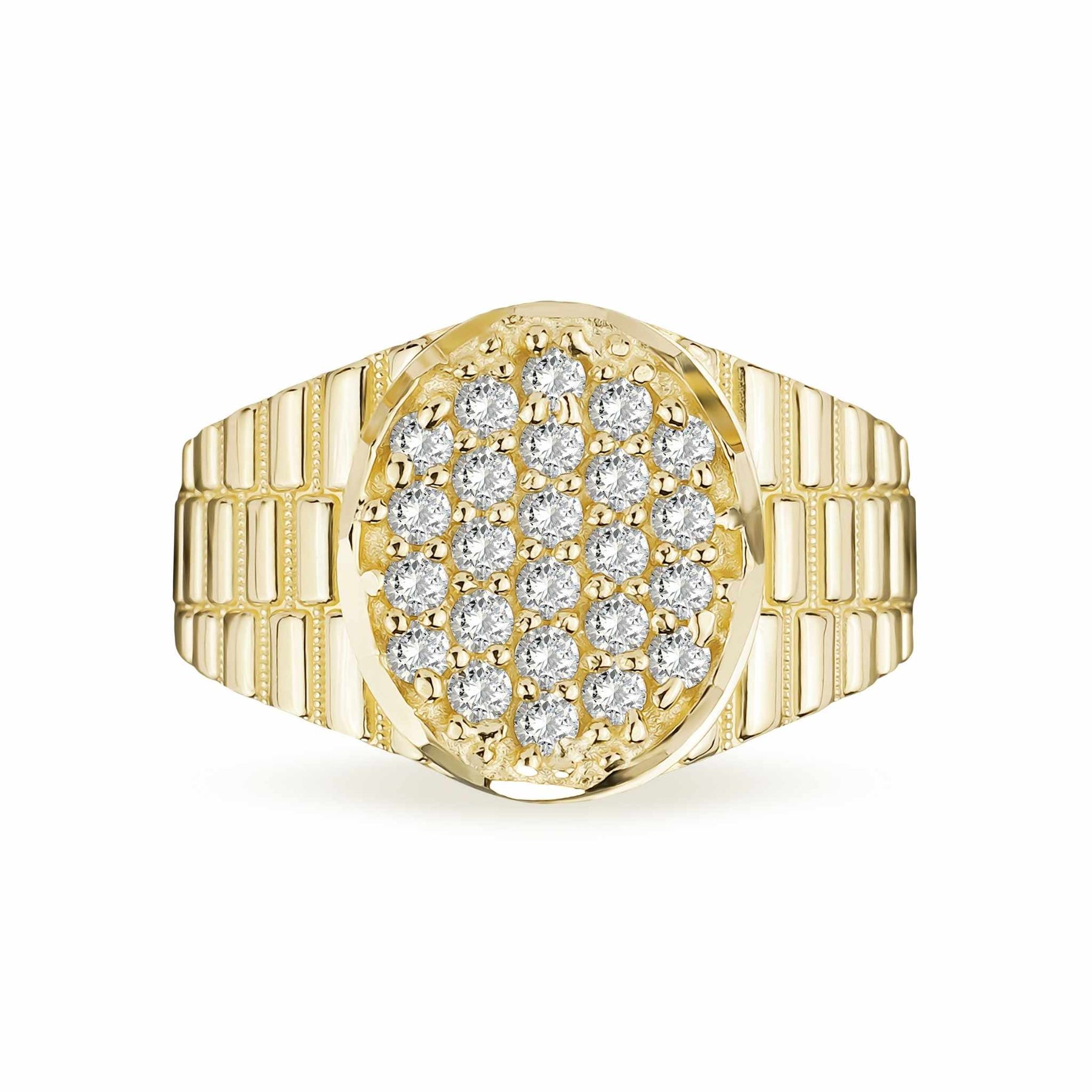 Polished 10k gold luxury ring showcasing a shimmering textured center and watch-link band.
