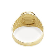 Underside of men's 10k yellow gold oval signet ring showing hollow back and link band.