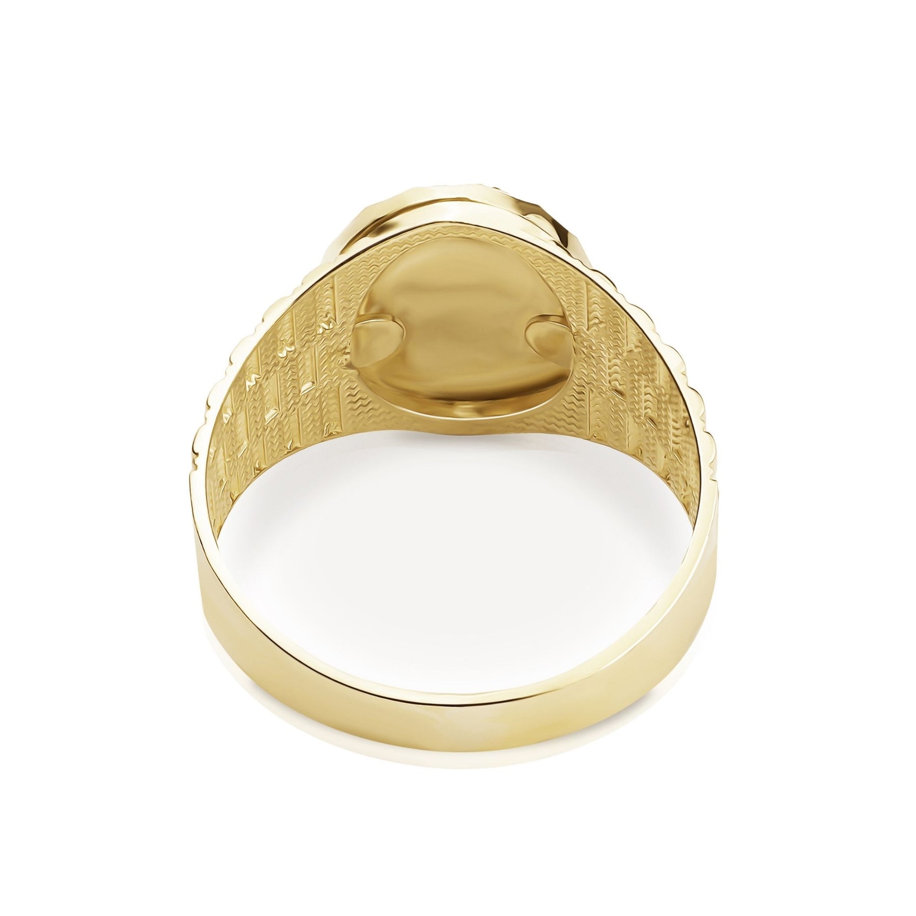 Underside of men's 10k yellow gold oval signet ring showing hollow back and link band.
