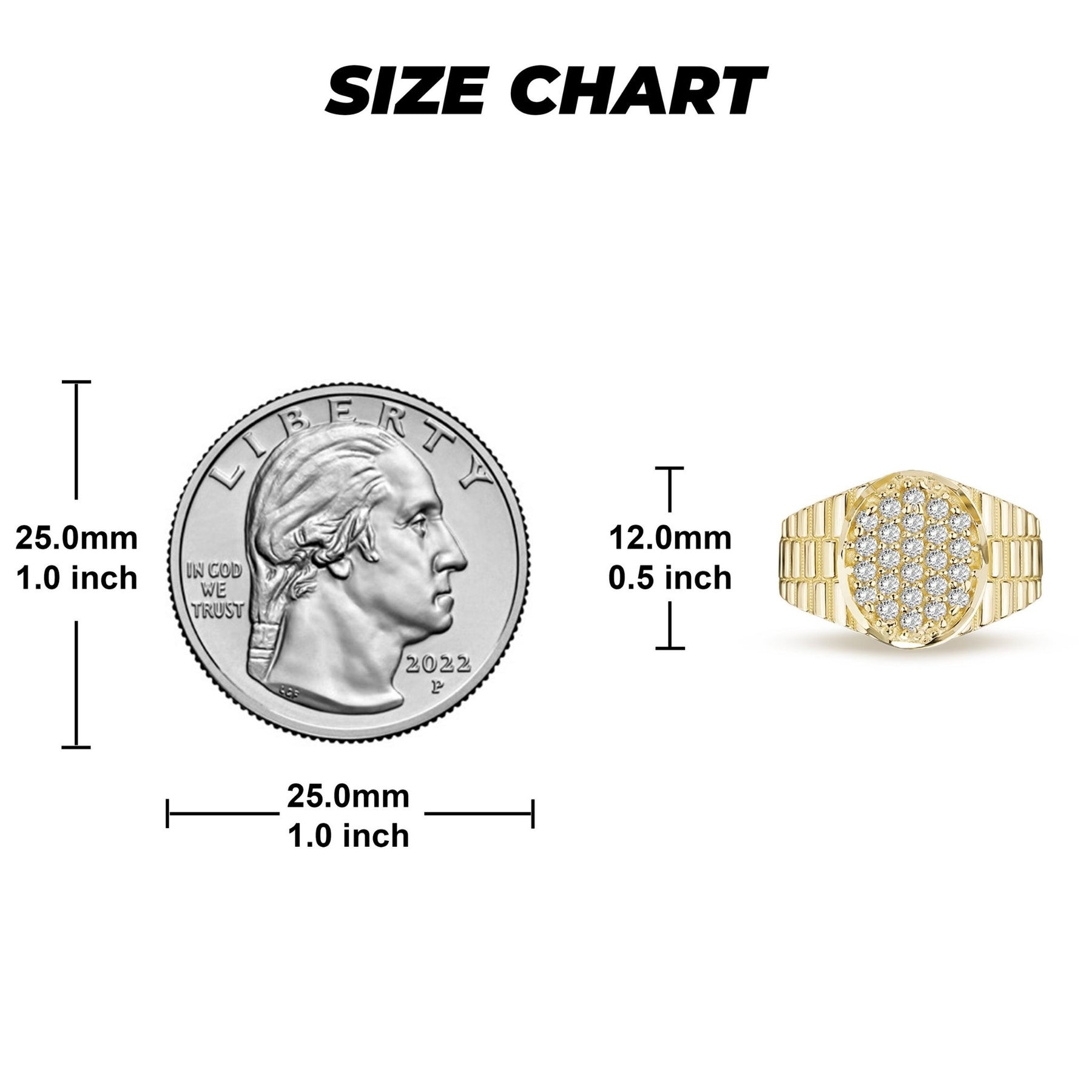 10k gold bling oval signet rollie ring size chart comparing dimensions to a US quarter.