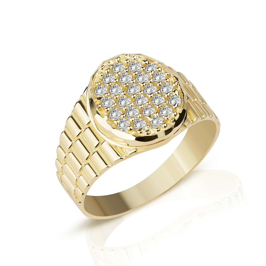 Men's 10k yellow gold oval signet ring featuring a pave-set cubic zirconia center.
