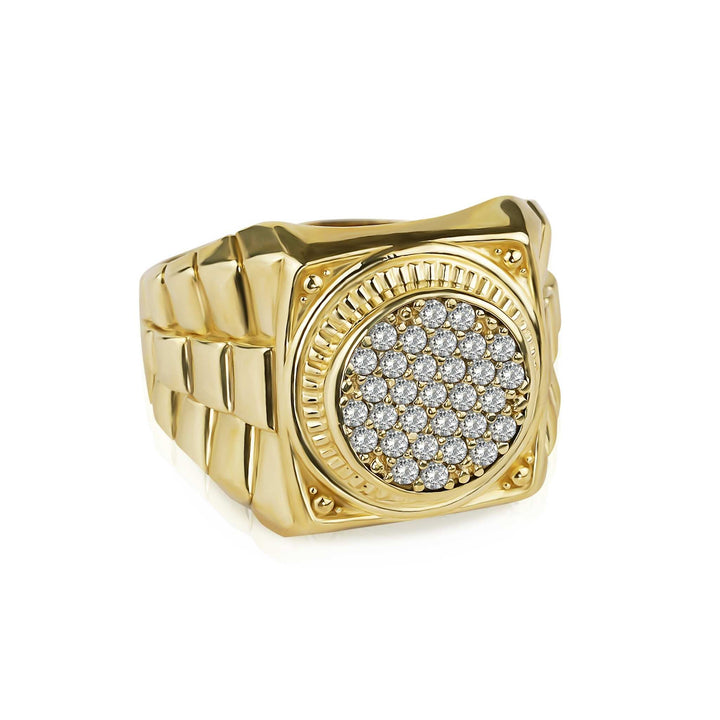 Men's 10k yellow gold round signet ring featuring a pave-set cubic zirconia face.