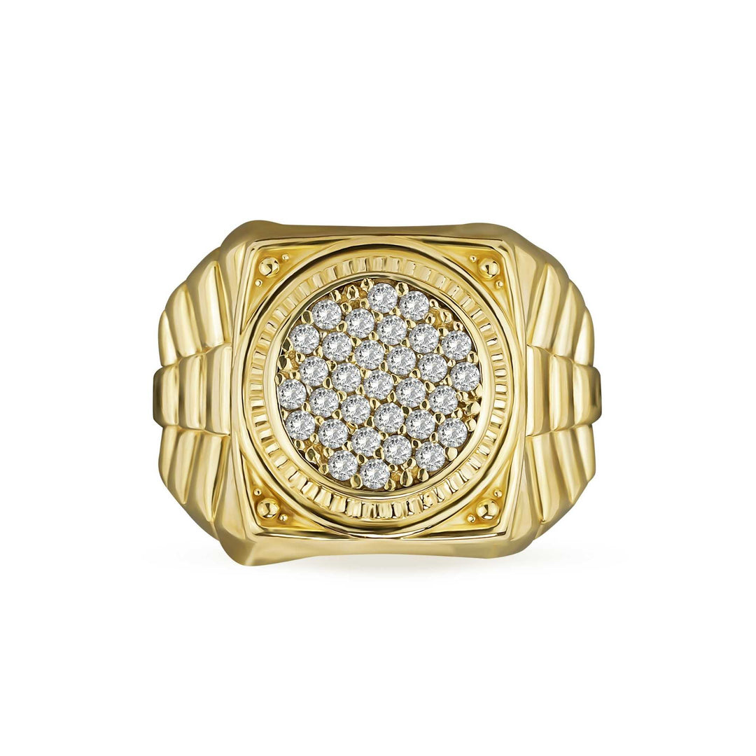 Close-up view of men's 10k yellow gold round signet ring with watch-link band.