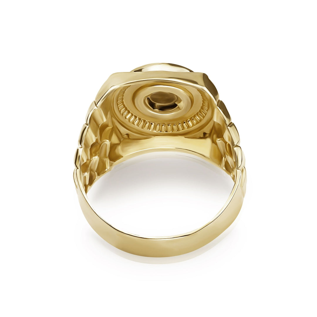 Hollow back view of men's 10k yellow gold round signet ring with link band.