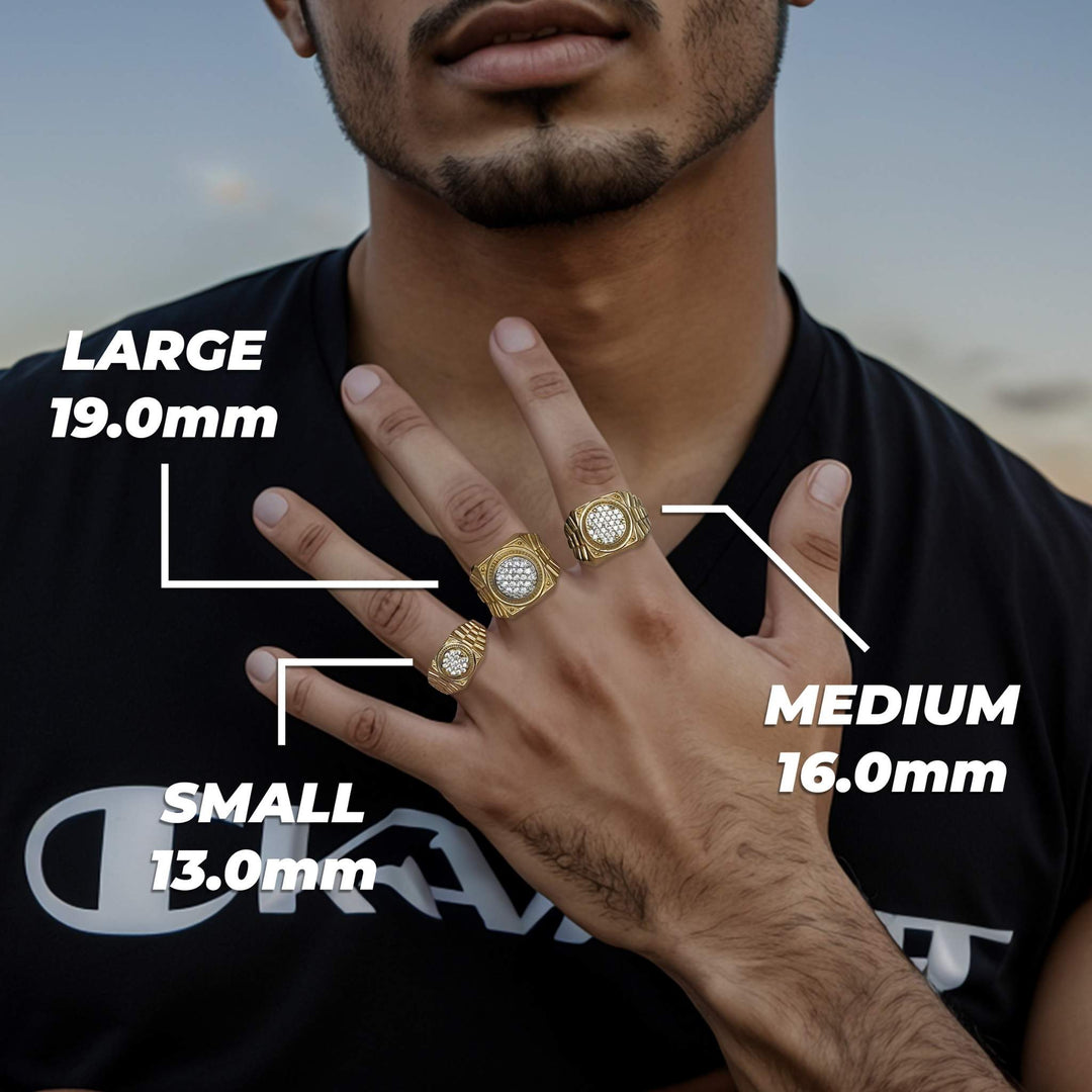 Men's gold watch-link band signet rings displayed in 13mm, 16mm, and 19mm size scales