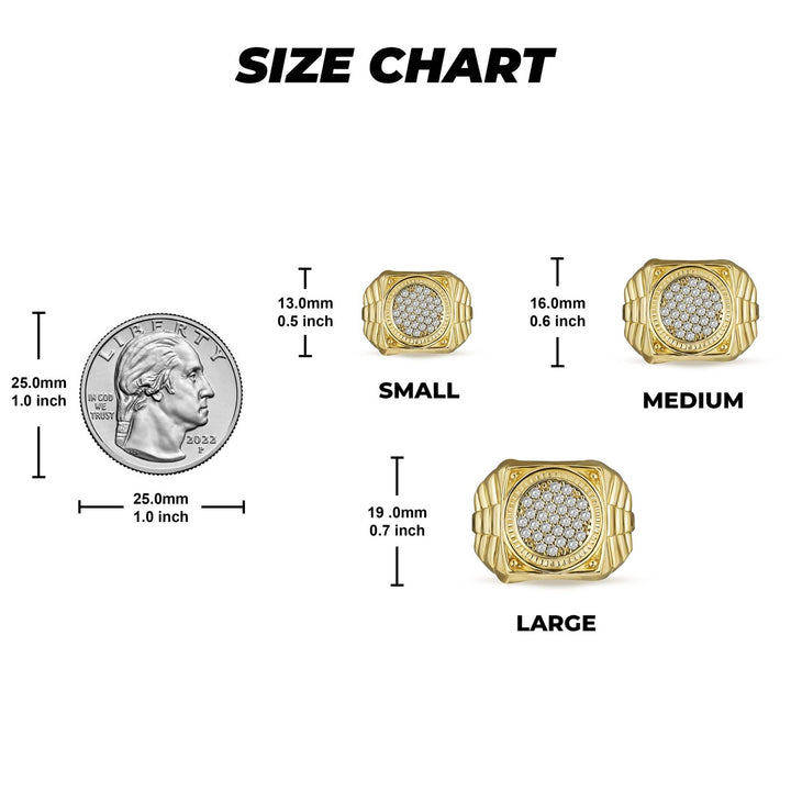 10k gold bling round signet rollie ring size chart comparing small, medium, large to quarter.