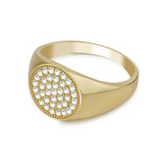 10k Gold Blin Round Signet Ring with cubic zirconia, top-angle product view.
