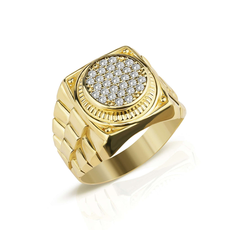 Men's 10k yellow gold round signet ring featuring a pave-set cubic zirconia textured face.