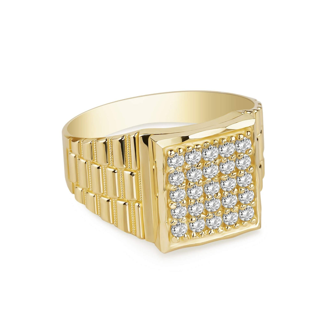 Men's 10k yellow gold square signet ring featuring a pave-set cubic zirconia face.
