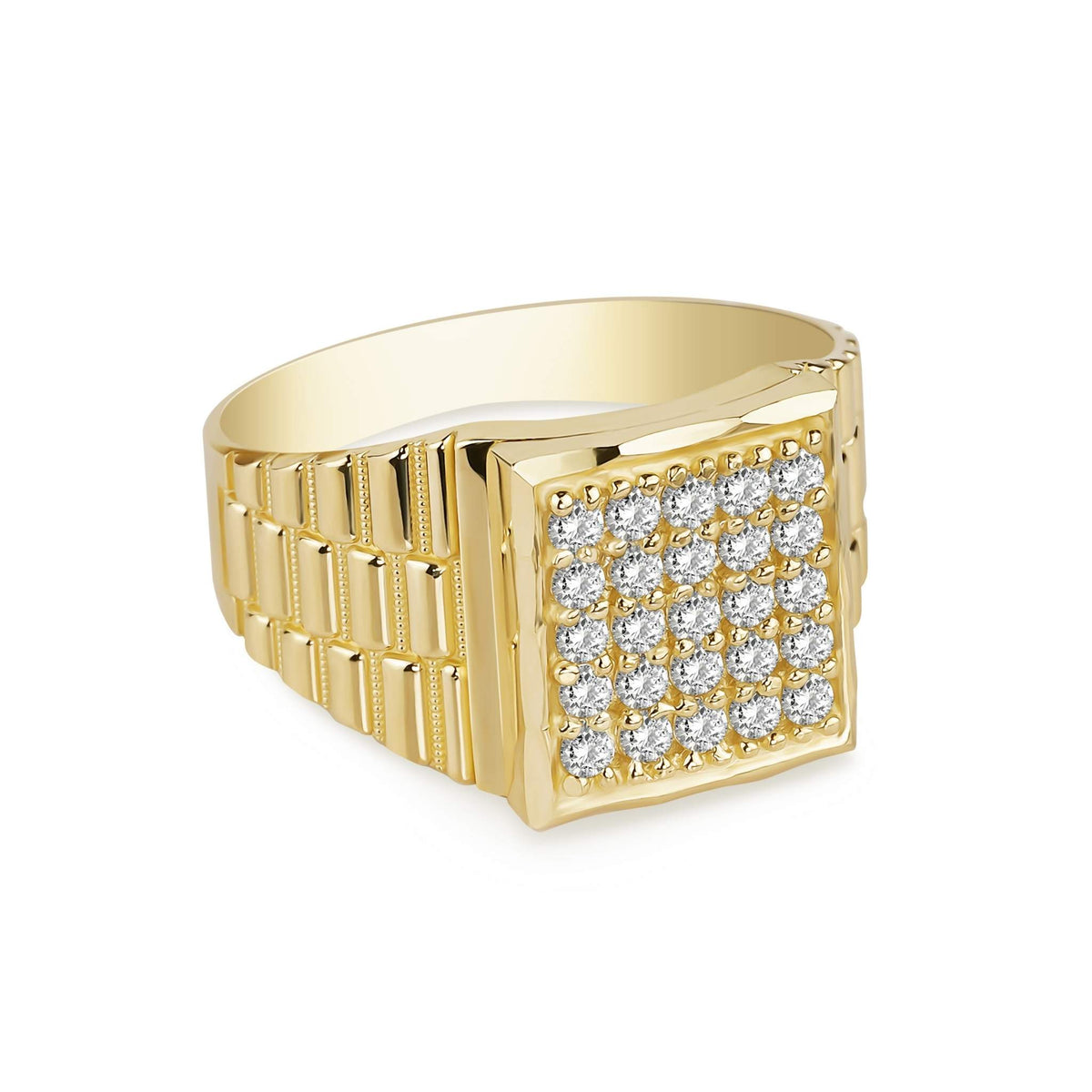 Men's 10k yellow gold square signet ring featuring a pave-set cubic zirconia face.