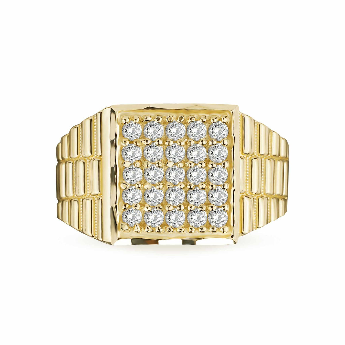 Close-up of men's 10k yellow gold square signet ring with cubic zirconia face.