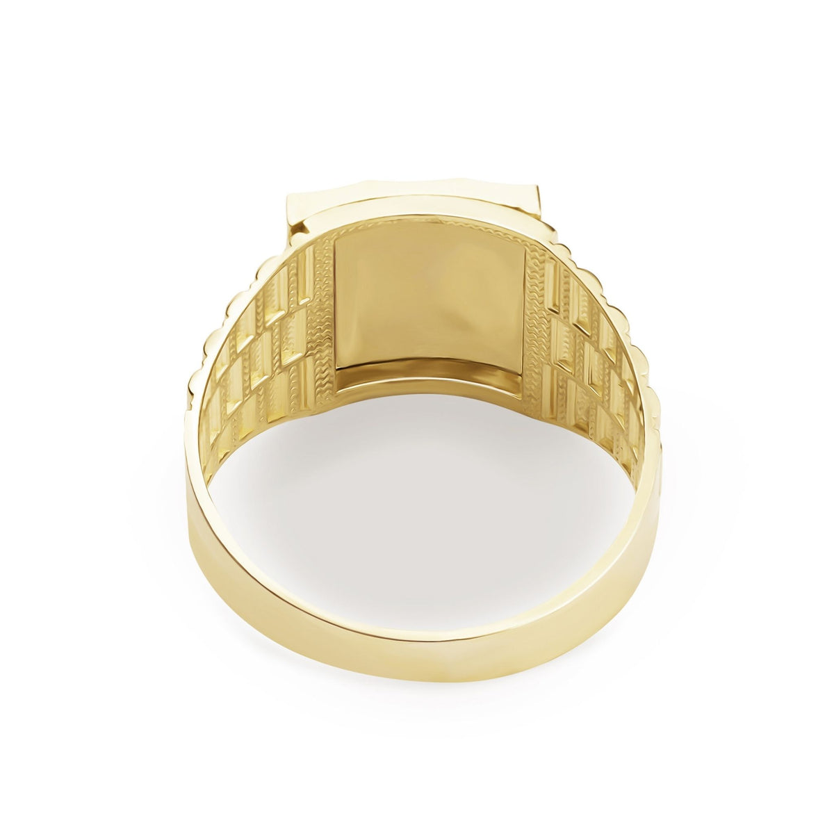 Underside of men's 10k yellow gold square signet ring showing hollow back and link band.