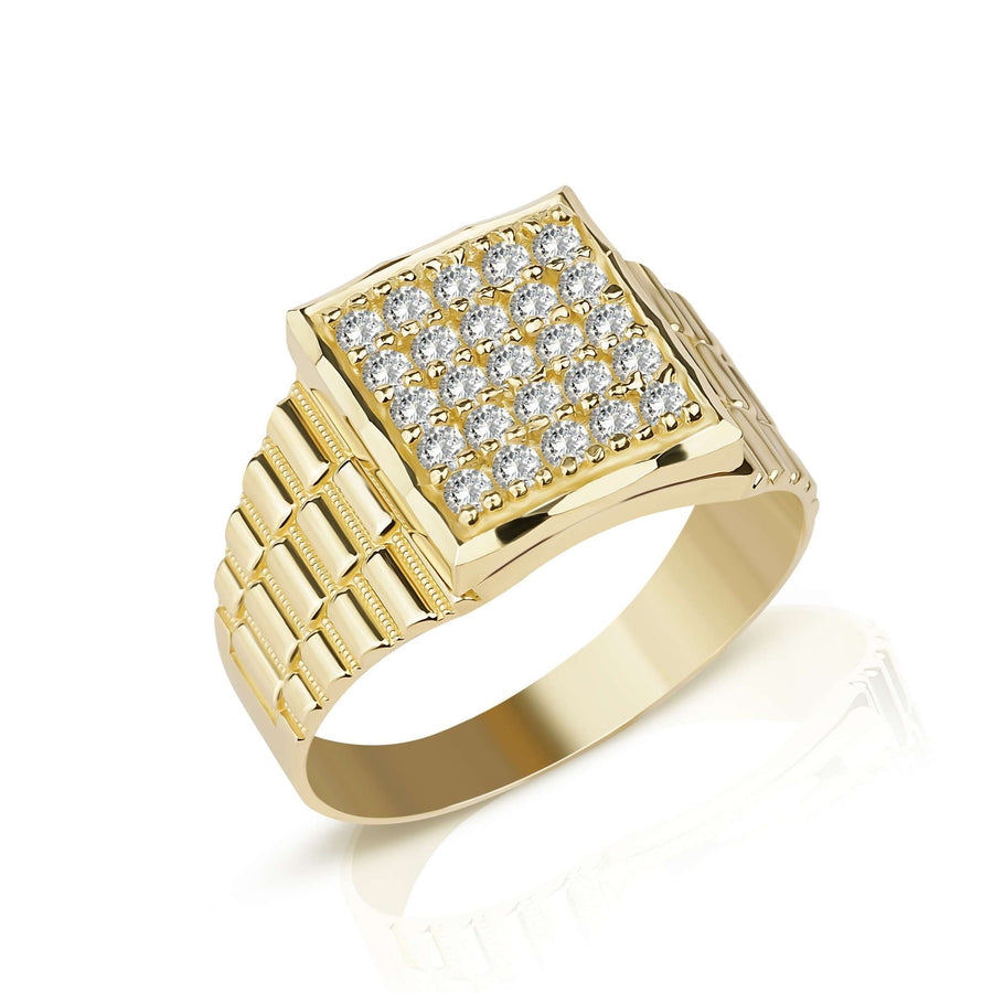 Side view of men's 10k yellow gold square signet ring with watch-link band.
