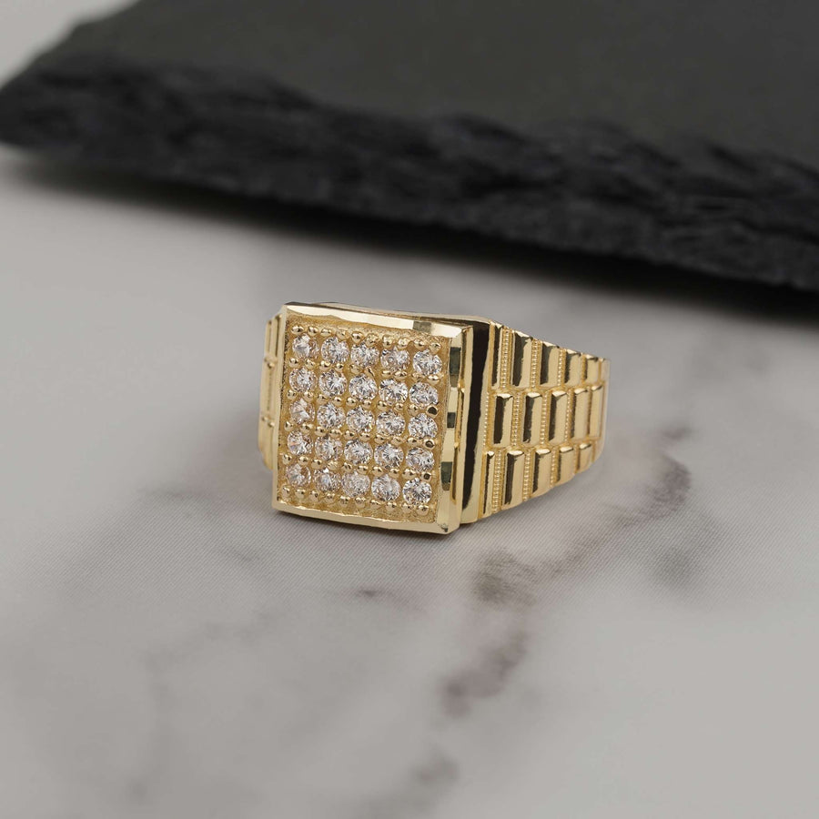 10k yellow gold square signet ring iced out with cubic zirconia and rollie band