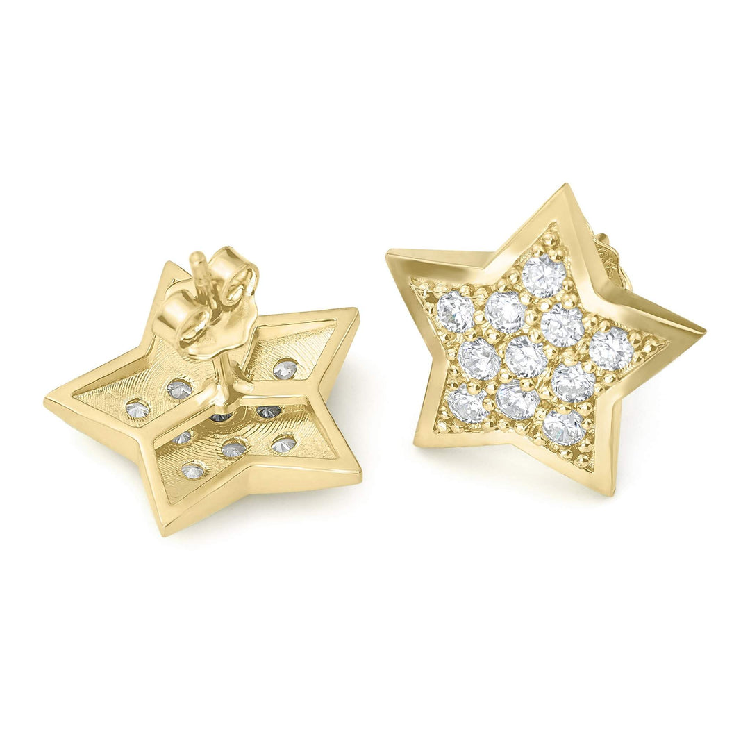 Front and back view of 10k gold star stud earrings with clear cubic zirconia.