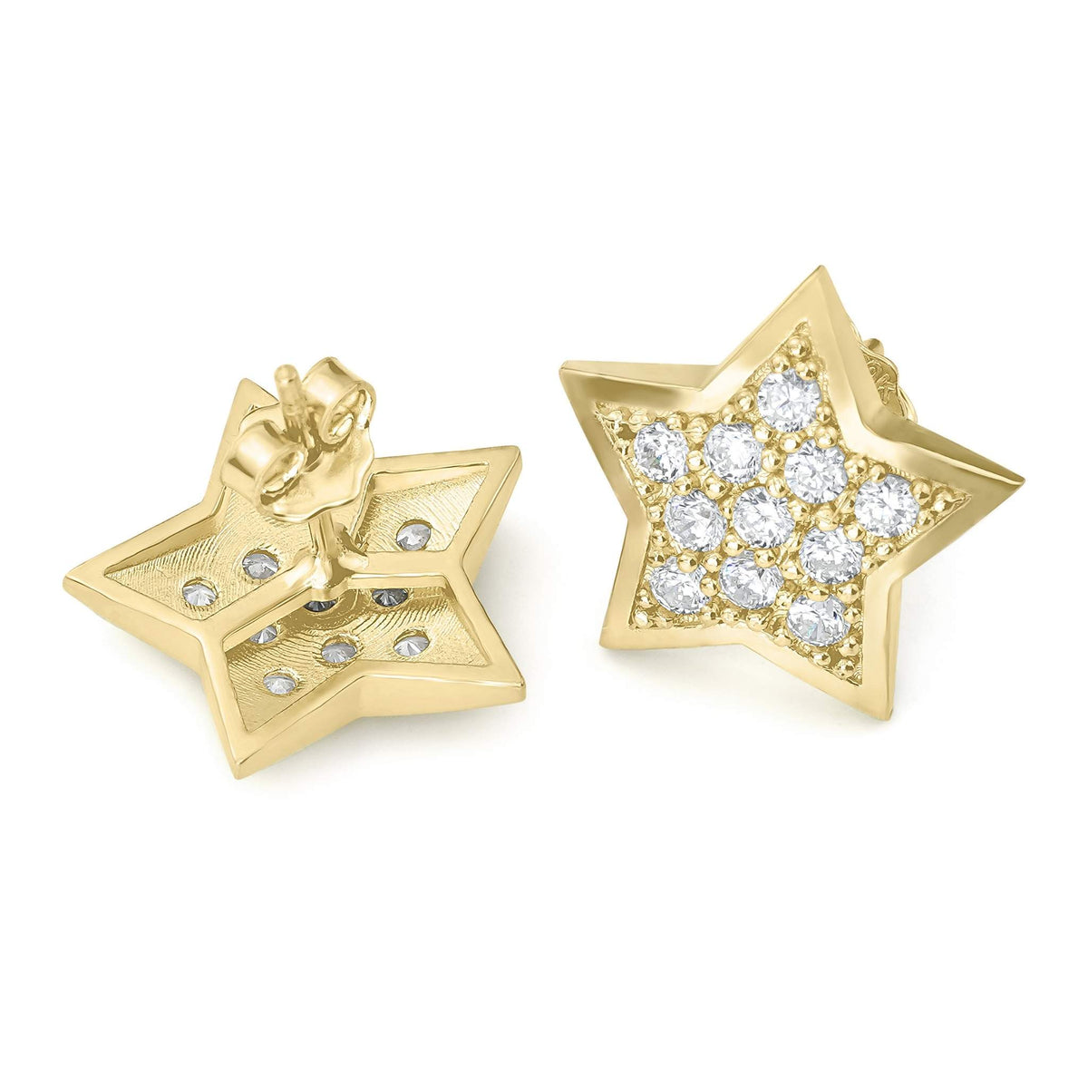 Front and back view of 10k gold star stud earrings with clear cubic zirconia.