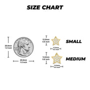 Size chart comparing 10k gold cubic zirconia star earrings to a US quarter.