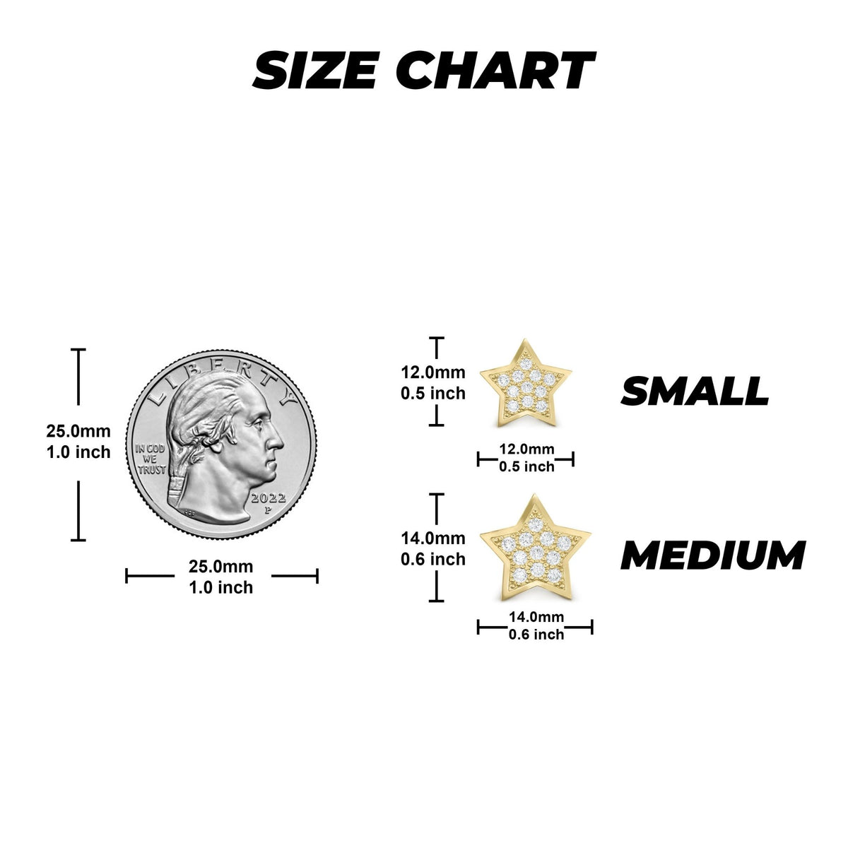 Size chart comparing 10k gold cubic zirconia star earrings to a US quarter.