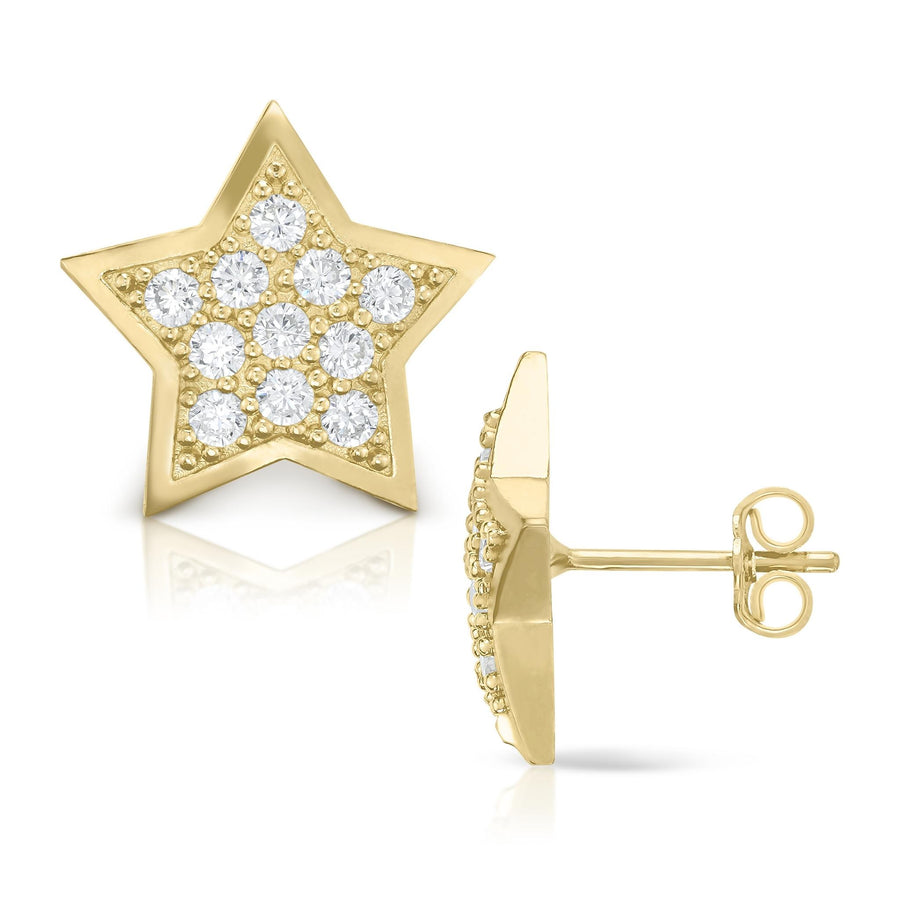 Front and side view of 10k gold star stud earrings with clear CZ stones.