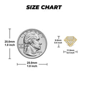 Size chart showing 11.0mm by 9.0mm diamond-shaped earrings against a US quarter.