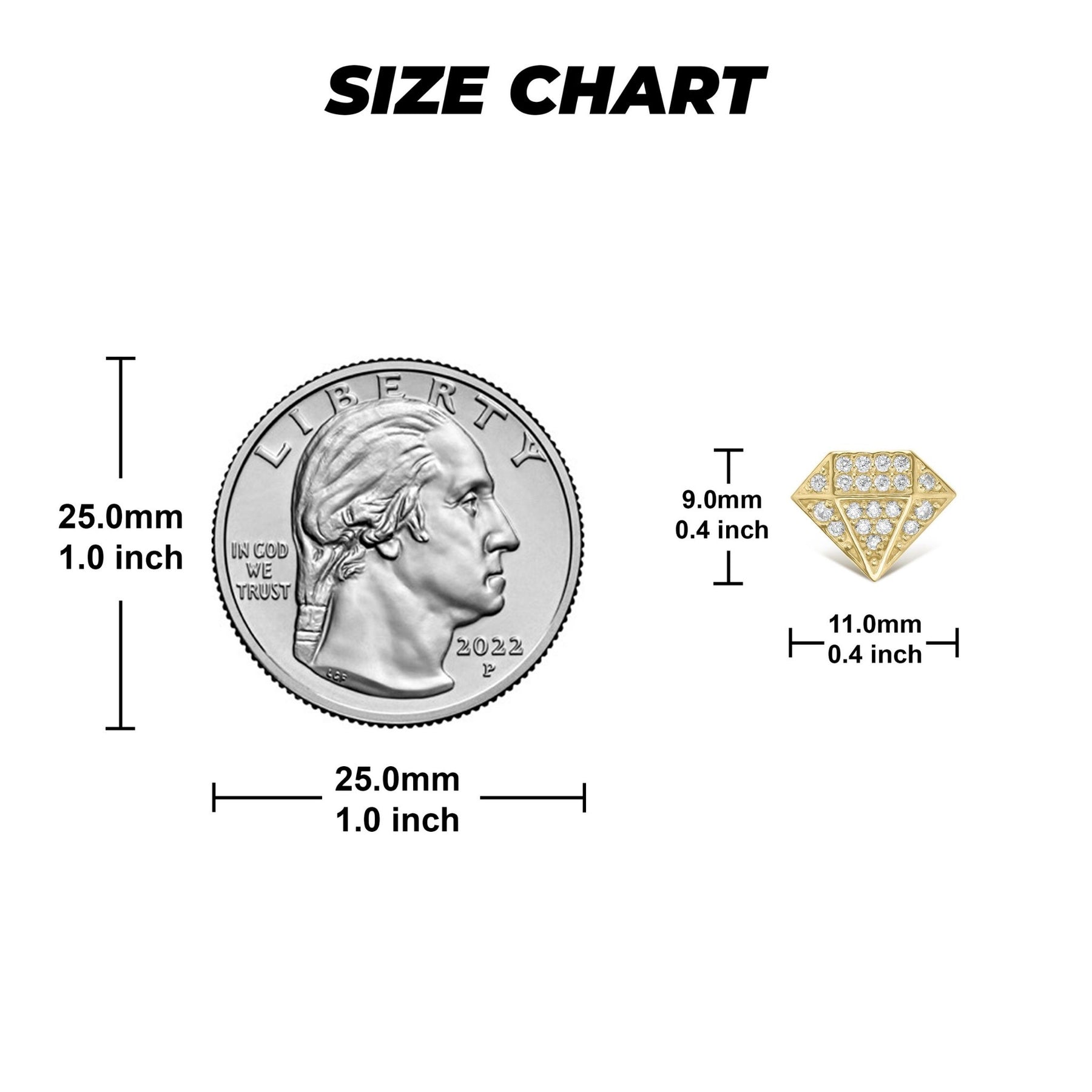 Size chart showing 11.0mm by 9.0mm diamond-shaped earrings against a US quarter.