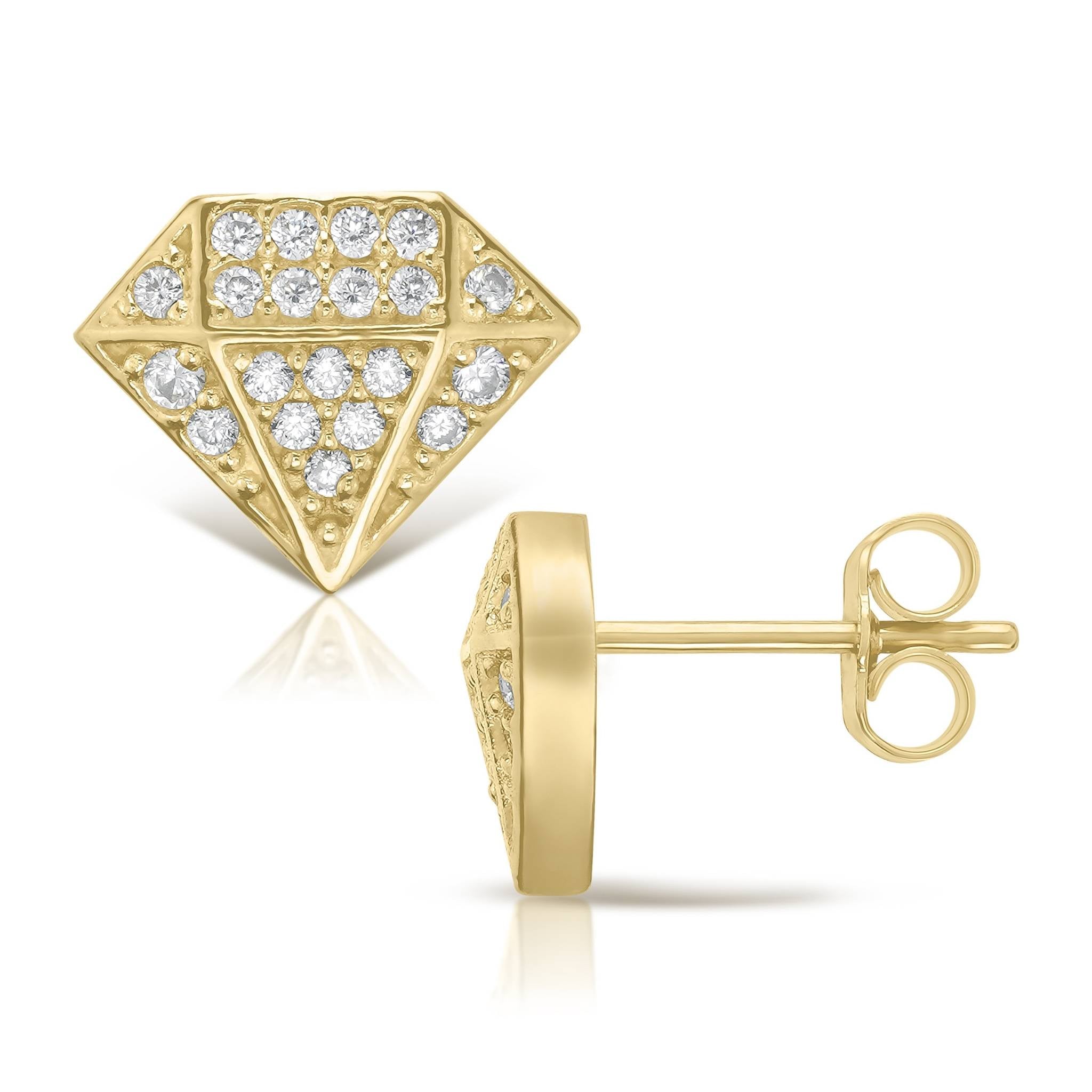 Front and side view of 10k yellow gold diamond-shaped stud earrings with cubic zirconia.