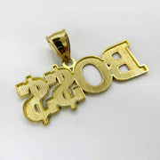 Backside detail of a 10k yellow gold "BOSS" word charm pendant.