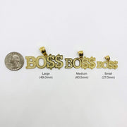 Size comparison of Large, Medium, and Small 10k gold "BOSS" pendants beside a quarter