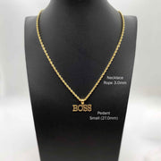 Small 27.0mm 10k gold "BOSS" pendant necklace displayed on a black jewelry bust.
