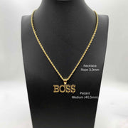 Medium 40.5mm 10k gold "BOSS" pendant necklace displayed on a black jewelry bust.