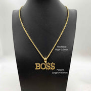 Large 49.0mm 10k gold "BOSS" pendant necklace displayed on a black jewelry bust.