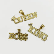 10k yellow gold "BOSS", "KING", and "QUEEN" word charm pendants displayed together on white.