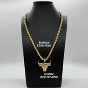 Large gold bull head pendant on a 6.2mm rope chain displayed on mannequin.