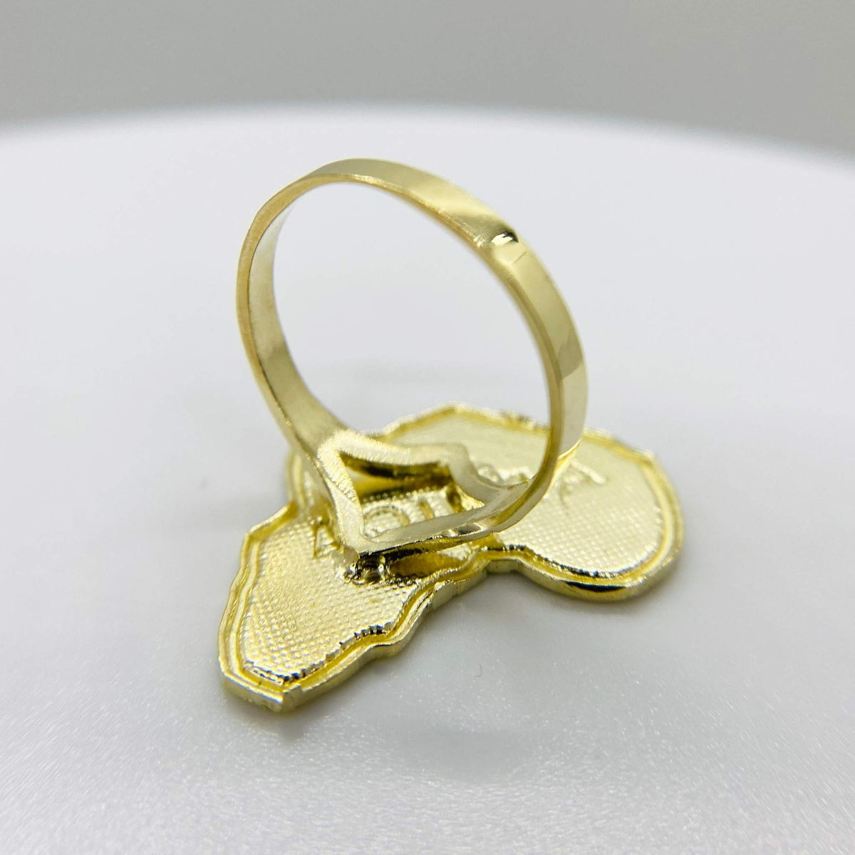 14k Gold ring with africa map shaped design back view on a white background
