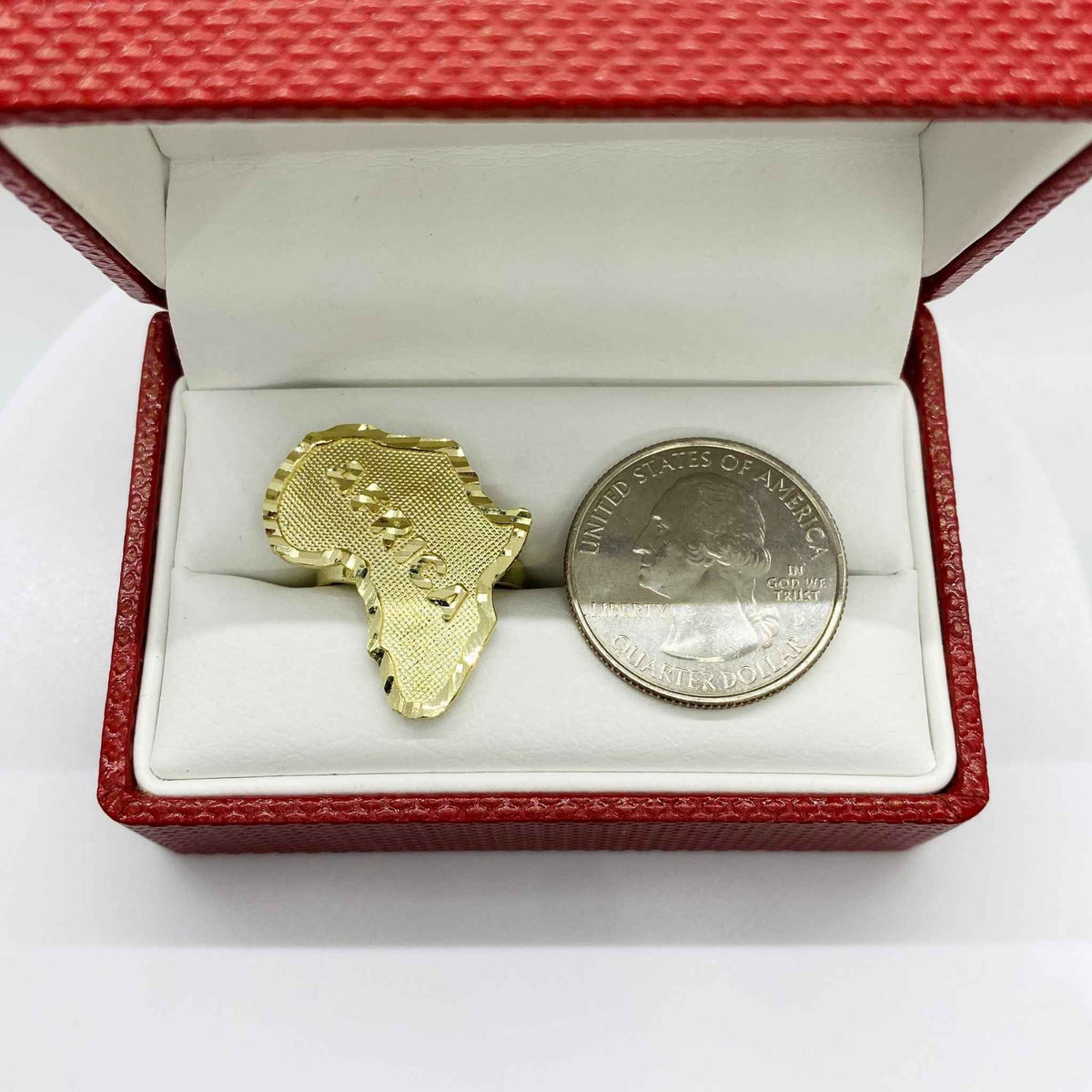 14k Gold Africa map ring and silver coin in a red box