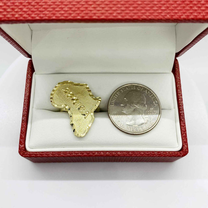14k Gold Africa map ring and silver coin in a red box