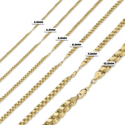 Seven 10k yellow gold Alexander chain necklaces displayed side-by-side in varying widths from 3.0MM to 16.0MM.