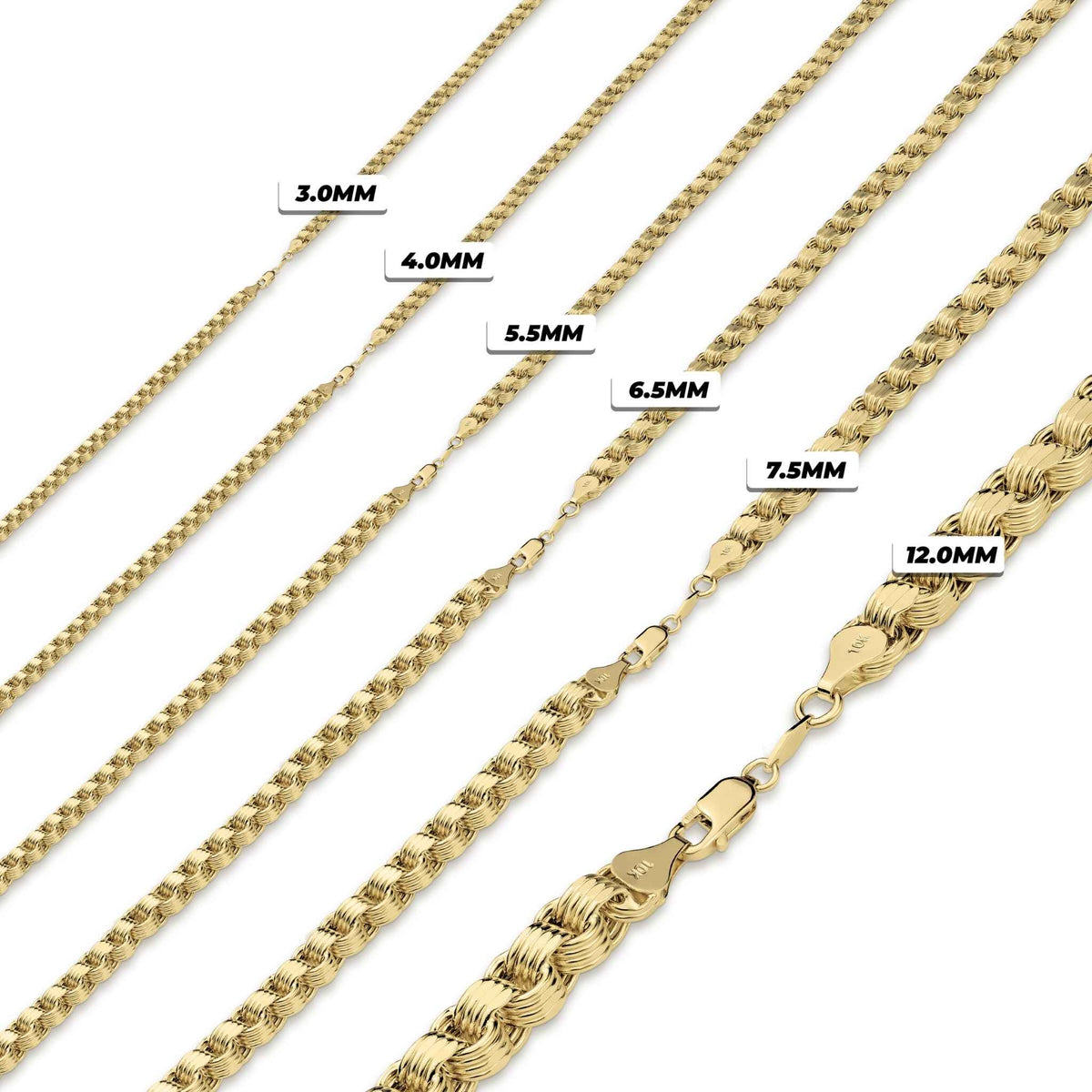 Seven 10k yellow gold Alexander chain necklaces displayed side-by-side in varying widths from 3.0MM to 16.0MM.