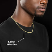 Man wearing a 3.0mm, 18-inch 10k gold Alexander chain over a black shirt