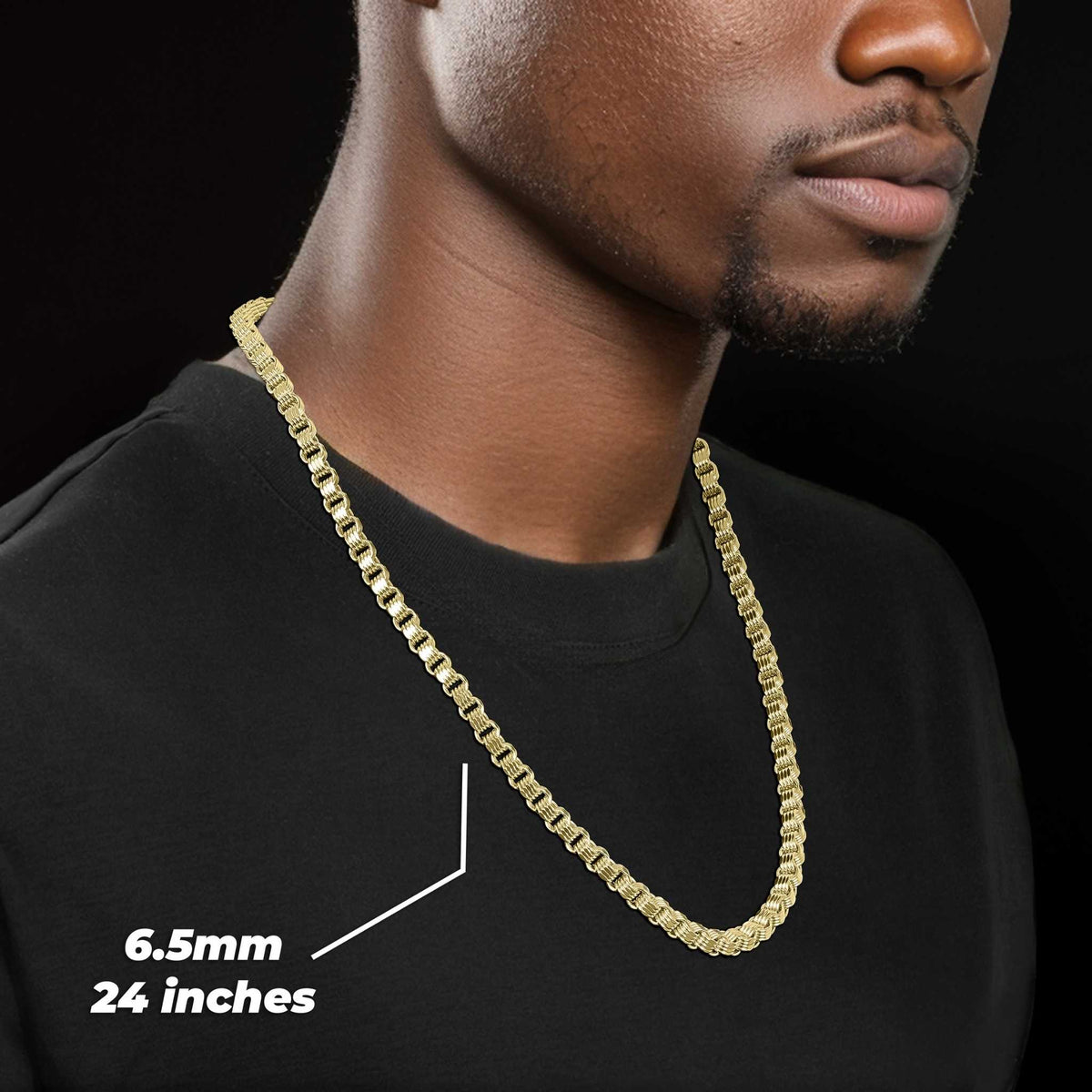 Man wearing a 6.5mm, 24-inch 10k gold Alexander chain over a black shirt.