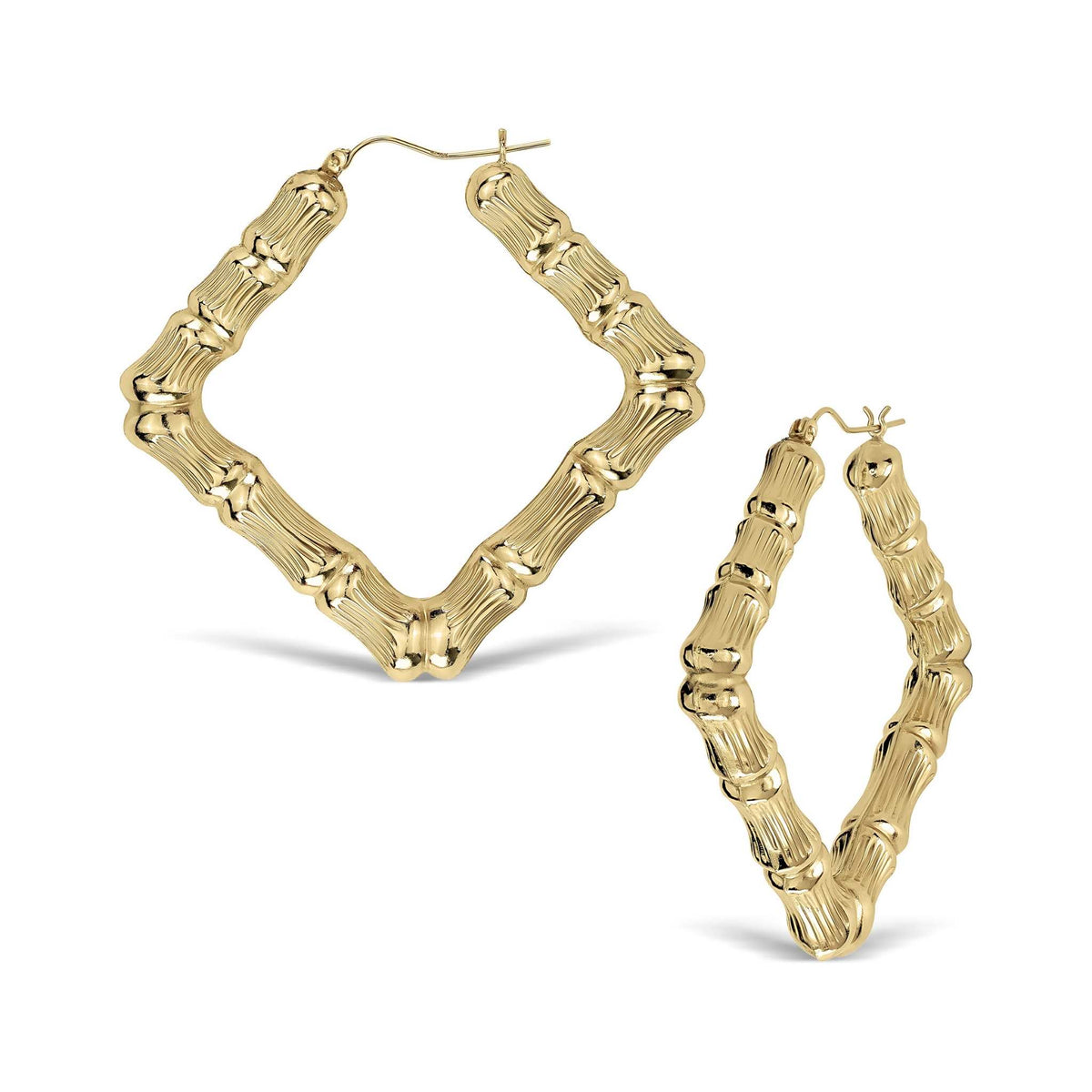Pair of 10k yellow gold bamboo hoop earrings featuring a unique rhombus shape.
