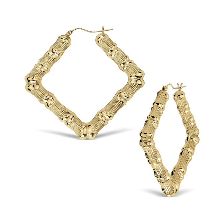 Pair of 10k yellow gold bamboo hoop earrings featuring a unique rhombus shape.