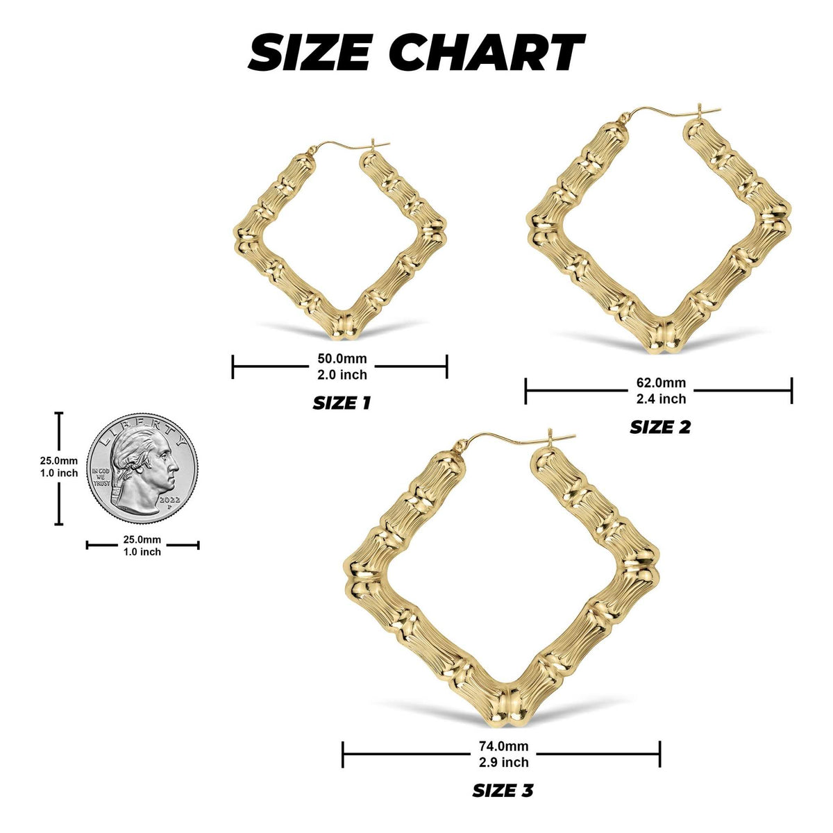 Size chart comparing 50mm, 62mm, and 74mm bamboo rhombus hoop earrings against a U.S. quarter.