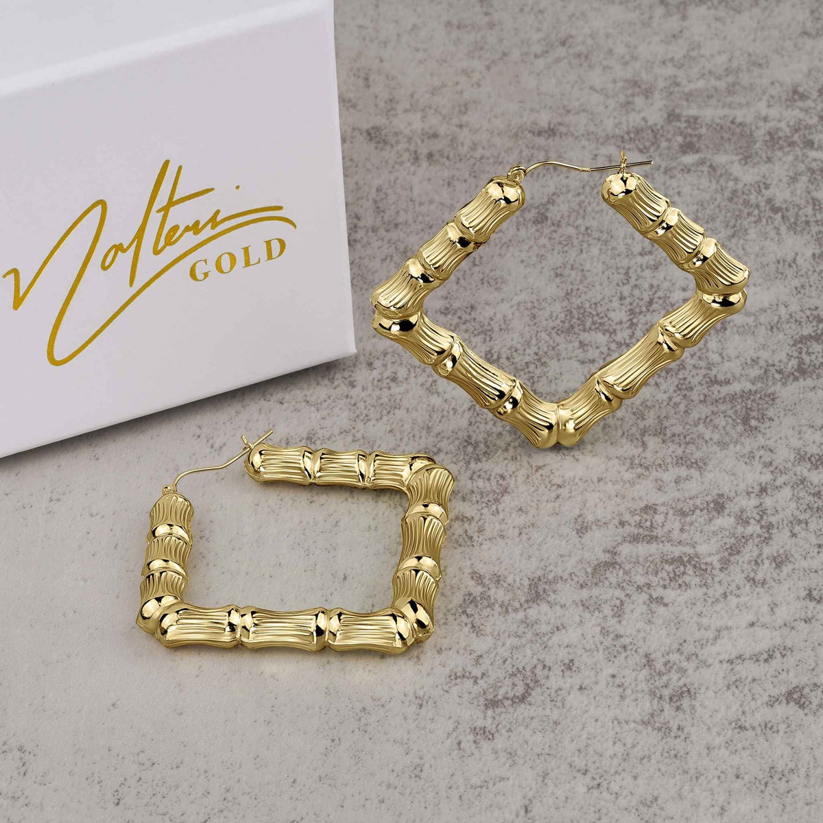 Pair of 10k yellow gold rhombus-shaped bamboo hoop earrings resting beside a Nolters jewelry box.