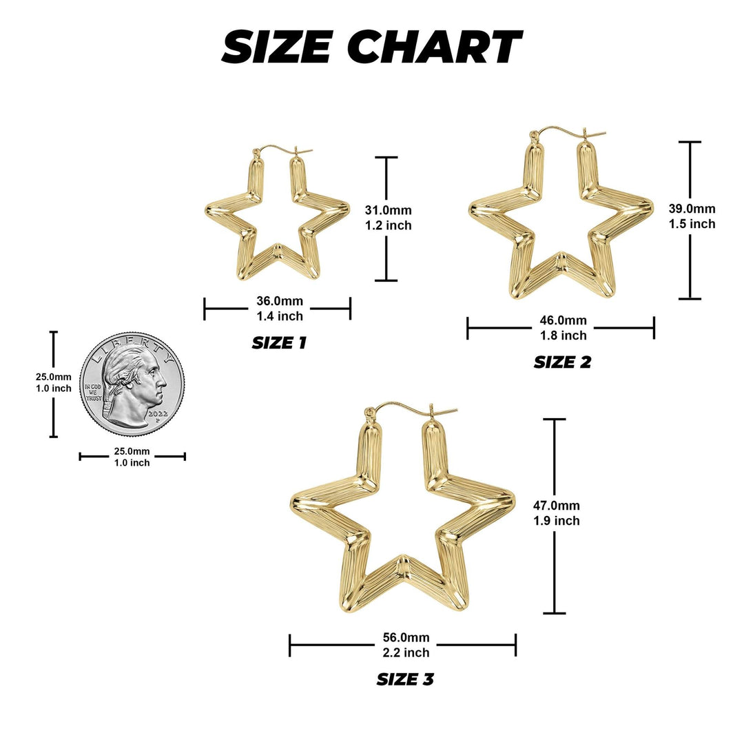 Size chart comparing three star-shaped bamboo hoop earring sizes against a U.S. quarter for scale.
