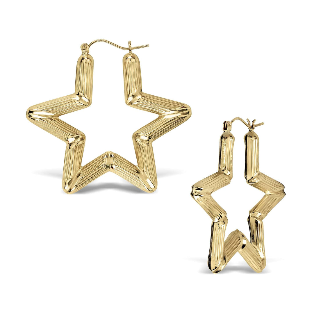 Two 10k yellow gold star-shaped bamboo hoop earrings of different sizes displayed side-by-side.