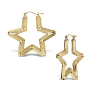 Two 10k yellow gold star-shaped bamboo hoop earrings of different sizes displayed side-by-side.