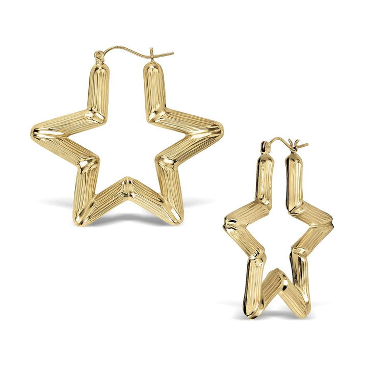 Two 10k yellow gold star-shaped bamboo hoop earrings of different sizes displayed side-by-side.