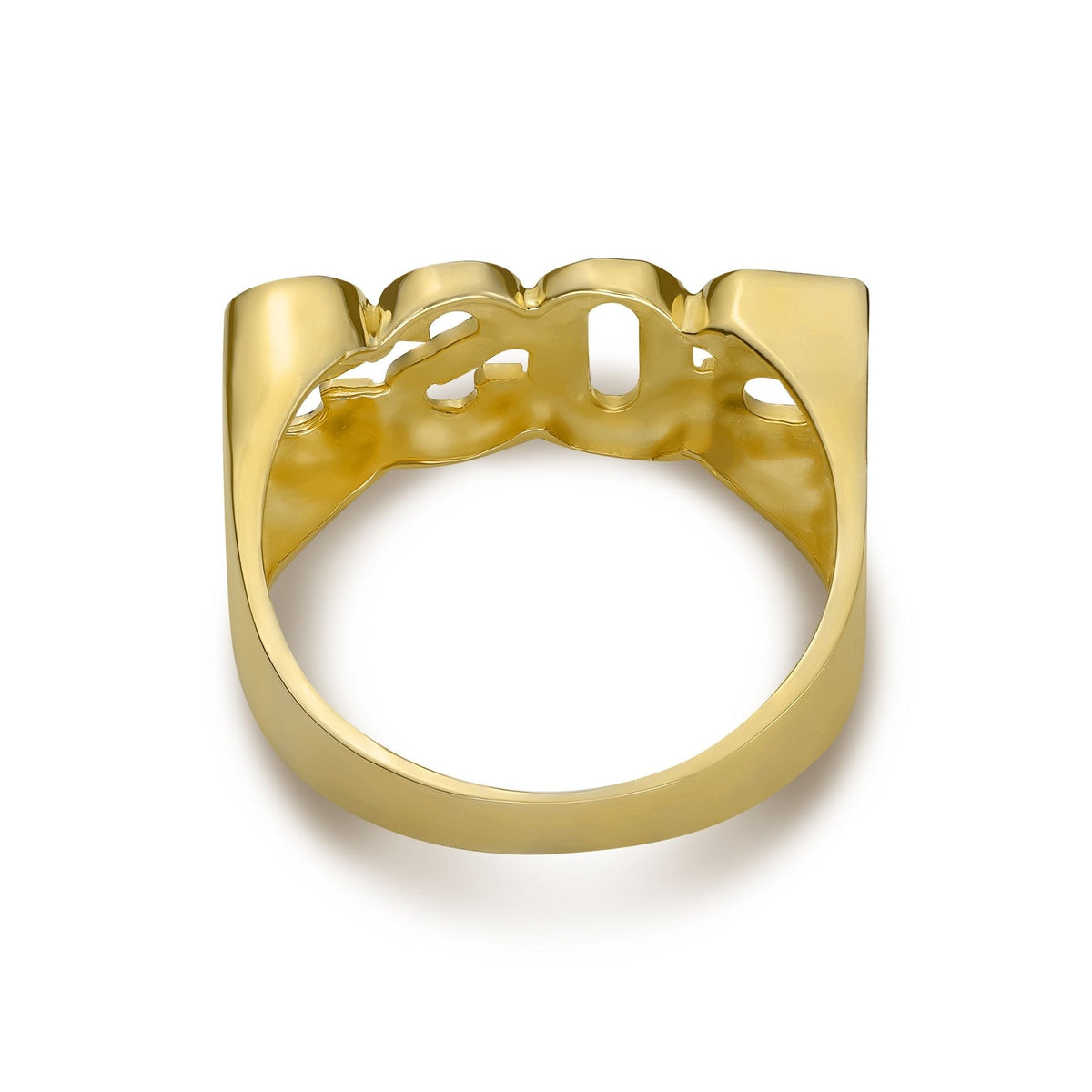 Back view of gold BOSS ring showing textured interior pattern on white background.