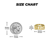 Size chart comparing a gold BOSS ring with a quarter on white background